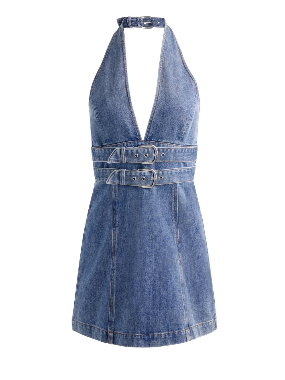 New Alice + Olivia SOLANA BUCKLE DENIM HALTER MINI DRESS - Picture 6 of 14